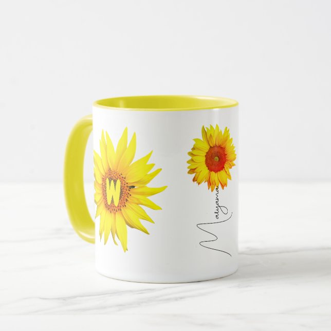 Taza de café de Girasoles Elegantes (Nombre y Mono (Anverso izquierdo)