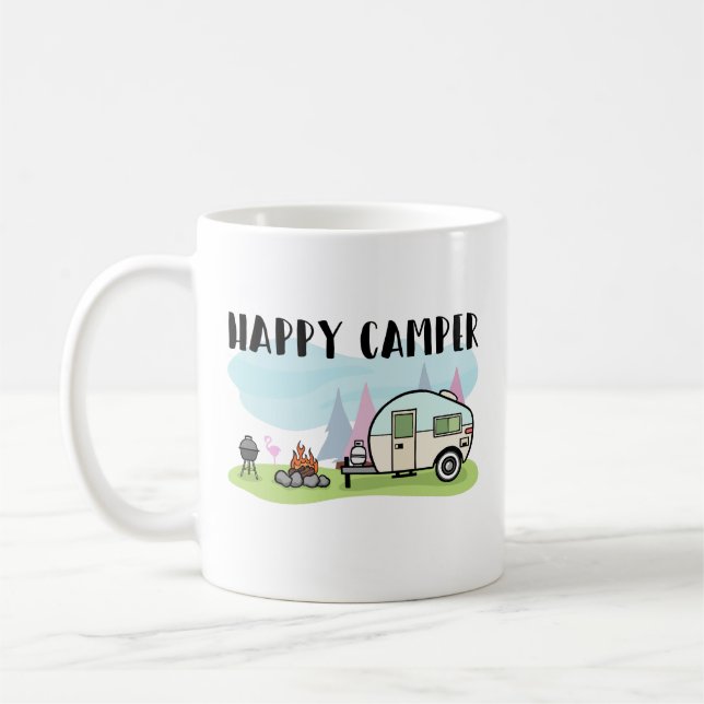 Taza de café de Glamping del campista contento que (Izquierda)