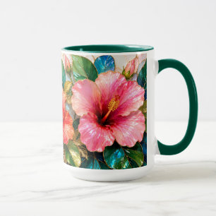 Taza de café de hibisco rosa floral tropical