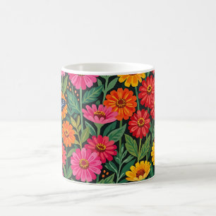 Taza de café de jardín de mariposas zinnias abstra
