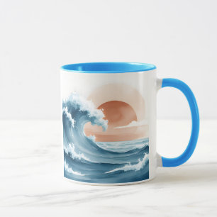 Taza de café de la puesta de sol de la ola del océ
