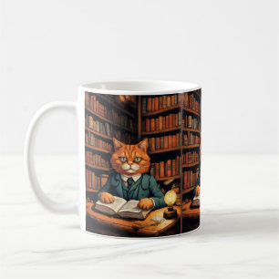 taza de café de libros y gatos