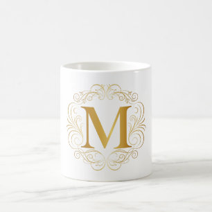 Taza de café de lujo con monograma M inicial de or