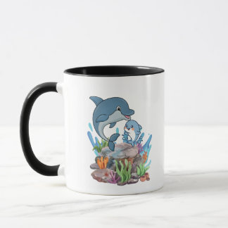 Taza de café de mamá y bebé delfín lindo