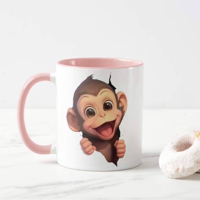 Taza de café de mono sonriente lindo – Animal ador (Con donut)