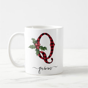 Taza de café de Navidad con monograma Q de cuadros