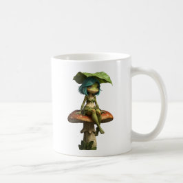 Taza de café de niña rana linda sentada en hongo