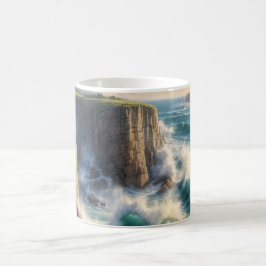 Taza de café de paisaje costero de olas del océano