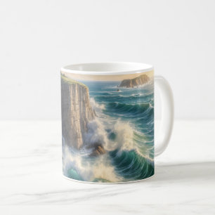 Taza de café de paisaje costero de olas del océano