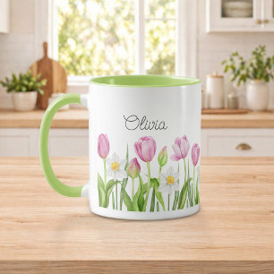 Taza de café de Tulipanes Rosados y Narcisos Blanc