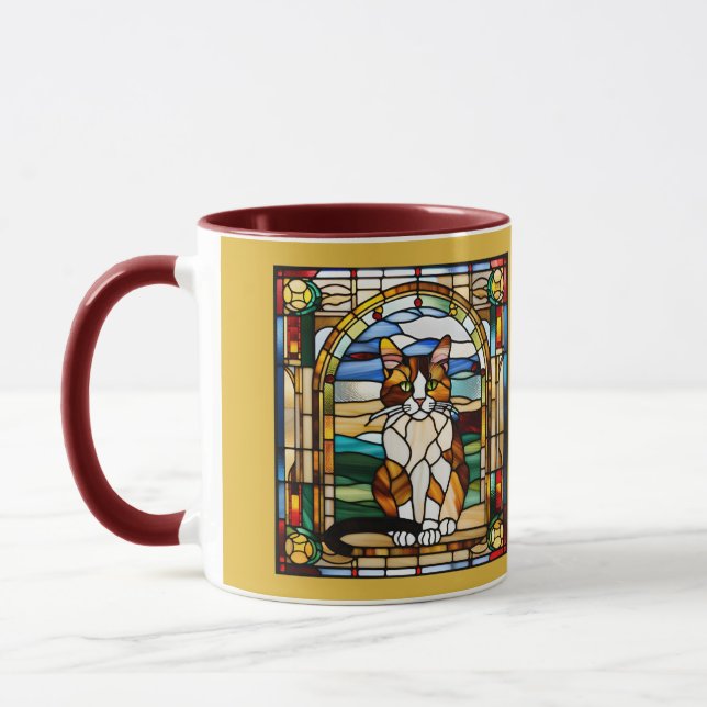 Taza de café de vidrio emplomado con gato calico l (Izquierda)