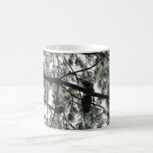 Taza De Café Debajo de la foto del invierno de un pino cubierto