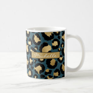 Taza De Café Deep Verde azulado and Gold Leopardo café personal