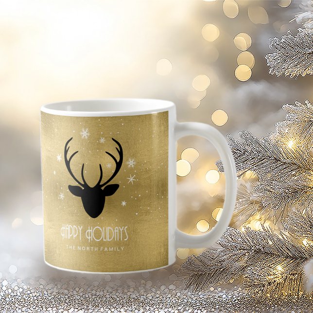 Taza De Café Deer Antlers Silhouette & Snowflakes Gold ID861 (Subido por el creador)