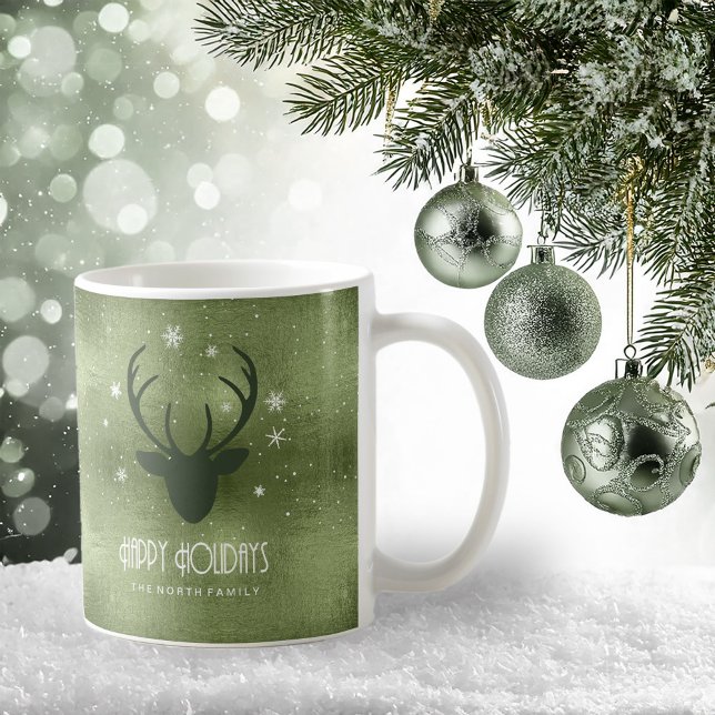 Taza De Café Deer Antlers Silhouette & Snowflakes Green ID861 (Subido por el creador)