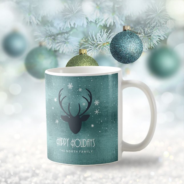 Taza De Café Deer Antlers Silhouette & Snowflakes Verde azulada (Subido por el creador)