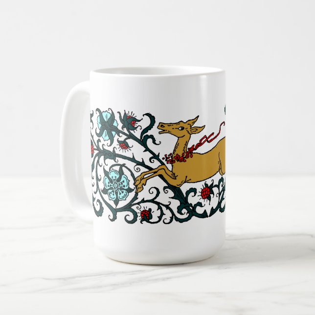Taza De Café Deer corriendo a través del follaje floral (Anverso izquierdo)