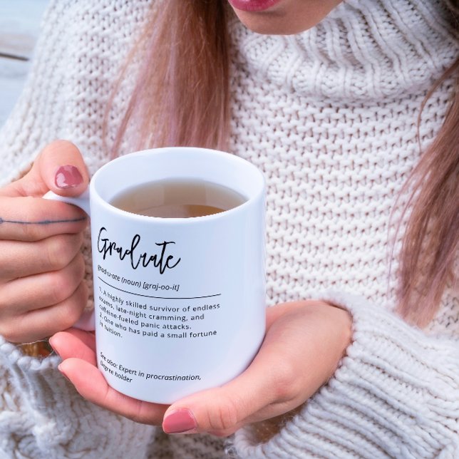 Taza De Café Definición De Graduado Personalizada En Blanco Y N (Fully customizable, graduate name on other side with school, degree, class year, awards,& from.)