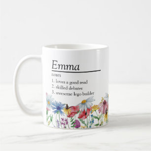 Taza De Café Definición de nombre con borde de flores silvestre