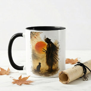  Taza de café del guerrero samurái japonés y gato 