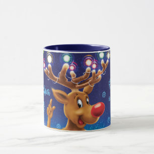 Taza de café del navidad, Rudolph y luces de