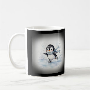 Taza de café del pingüino patinando sobre hielo