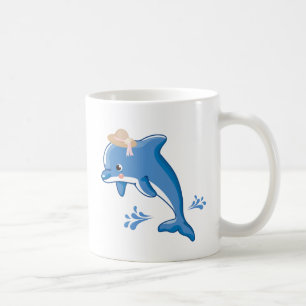 Taza De Café Delfín con un gorra de paja con agua estilizada