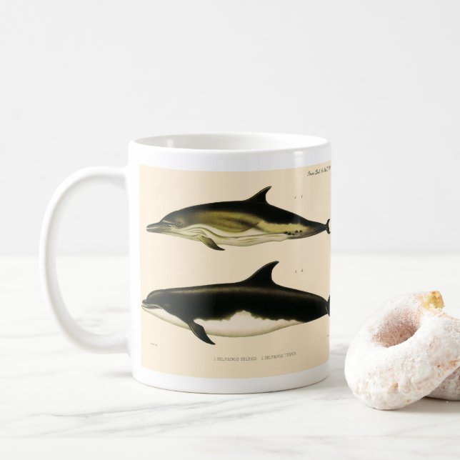 Taza De Café Delfines de época, animales marinos y mamíferos (Con donut)