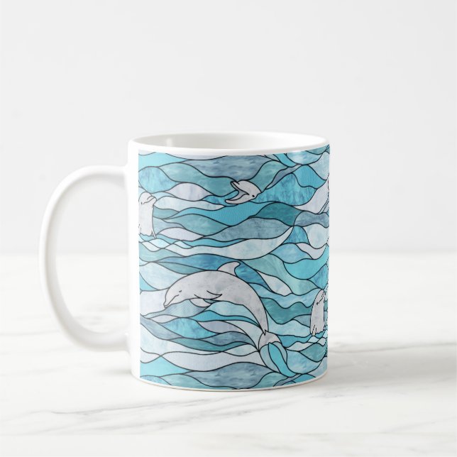 Taza De Café Delfines de vidrio manchado del océano azul (Izquierda)