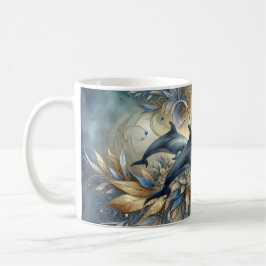 Taza De Café Delfines elegantes con olas florales doradas