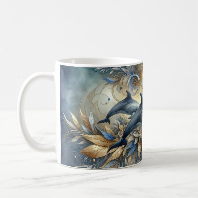 Taza De Café Delfines elegantes con olas florales doradas (Izquierda)
