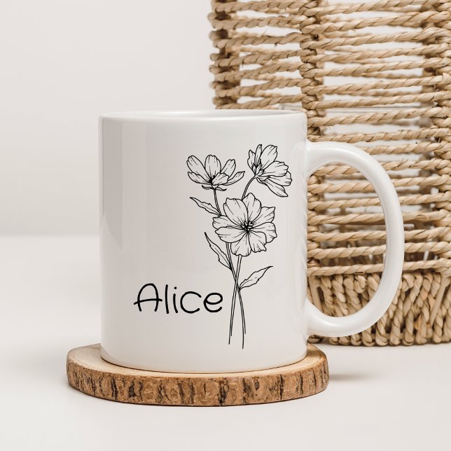 Taza De Café Delicado nombre personalizado floral blanco y negr (Subido por el creador)