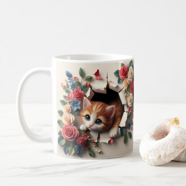 Taza De Café Delicia caprichosa: Agujero gatito 3D en una pared (Con donut)