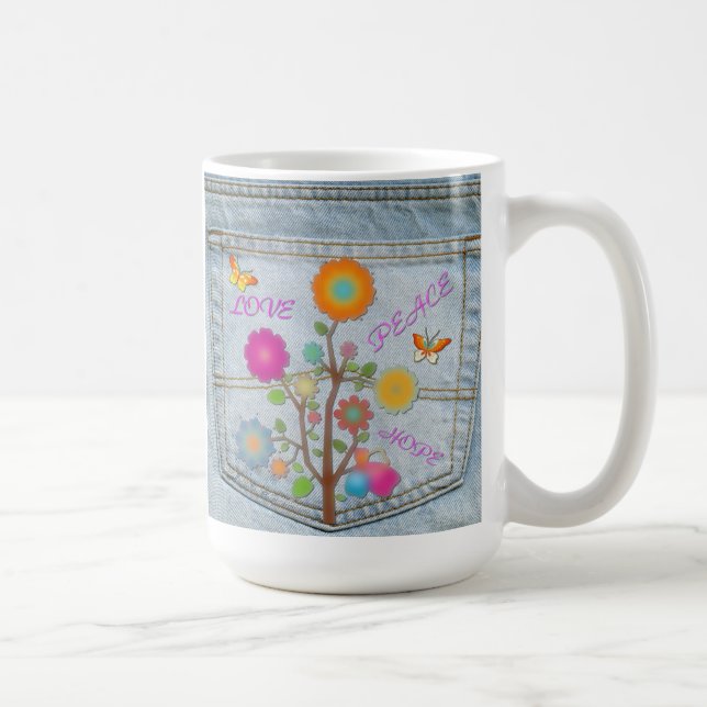 Taza De Café Denim Back Pocket Flowers Peace Love Hope Mug (Derecha)