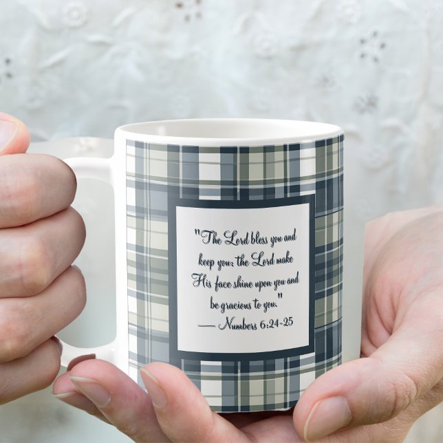 Taza De Café Denim Blue Sage Green White Plaid Blessing (Subido por el creador)