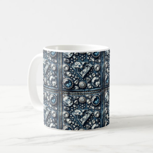 Taza De Café Denim & Diamonds Bling Gemstone Glam Joyas (Anverso izquierdo)