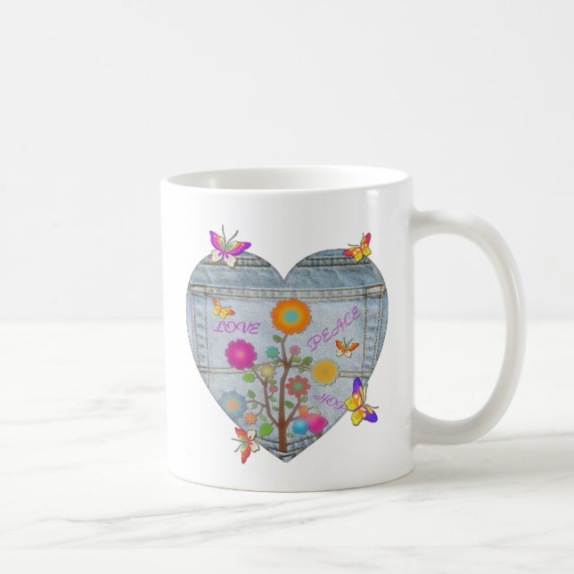 Taza De Café Denim Pocket Heart Flowers Butterflies (Derecha)
