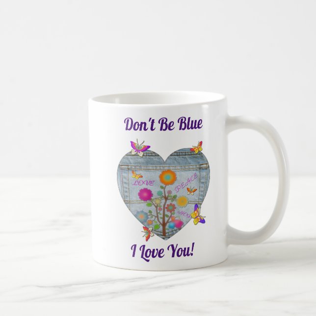 Taza De Café Denim Pocket Heart Flowers Butterflies (Derecha)
