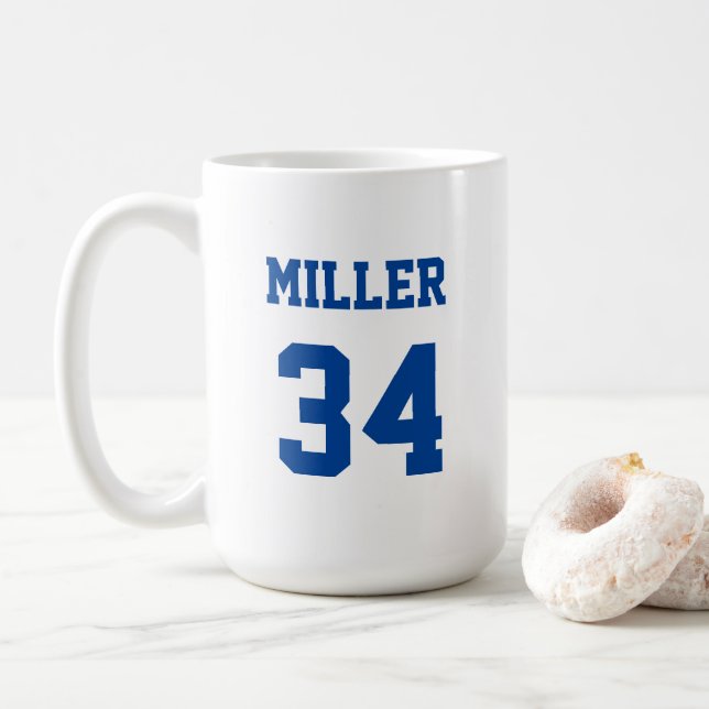 Taza De Café Deportes azules y blancos Personalizado de nombre  (Con donut)