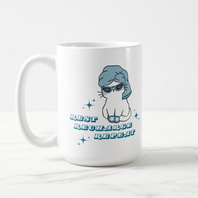 Taza De Café Descansar, Recargar, Repetir - Autocuidado y Gatos (Izquierda)