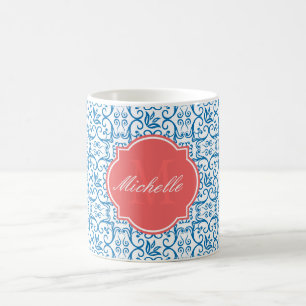 Taza De Café Deslumbrante Blue Damask Monogram Mug