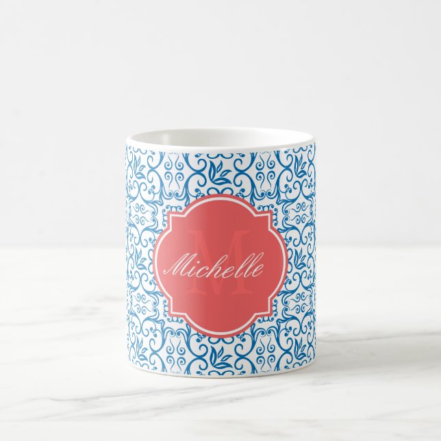 Taza De Café Deslumbrante Blue Damask Monogram Mug (Centro)