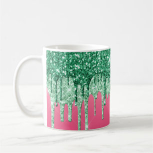 Taza De Café Destellos Verdes que Gotean Rosa Glam Divertido de
