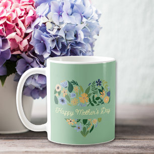 Taza De Café Día de la Madre con Flora de Corazón Azul Verde Mo