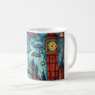 Taza De Café Día de lluvias en Londres, Ilustracion de doodle c