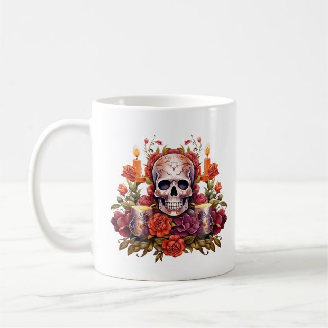 Taza De Café Dia de los Muertos Hermosa Cráneo de Azúcar Floral (Izquierda)