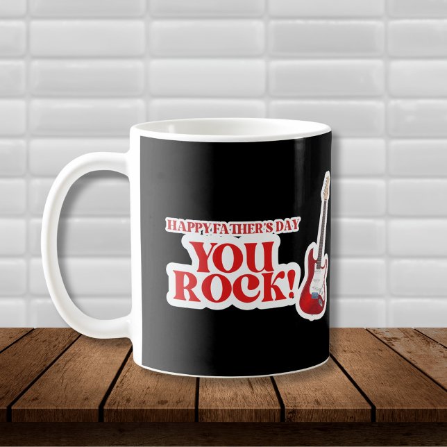 Taza De Café Día de los Padres de Rock (Black and White Coffee Mug with red guitar graphic and ted text: "Happy Father's Day, You Rock!")