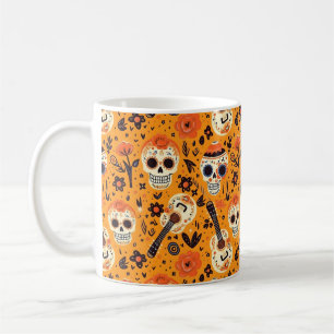 Taza De Café Día de Muertos, guitarras y calaveras de azúcar na