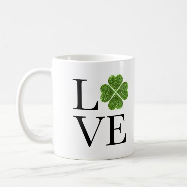 Taza De Café Día de San Patricio | Amor | purpurina verde shamr (Izquierda)