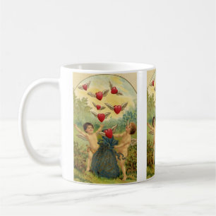 Taza De Café Día de San Valentín antiguo, corazones de querubin